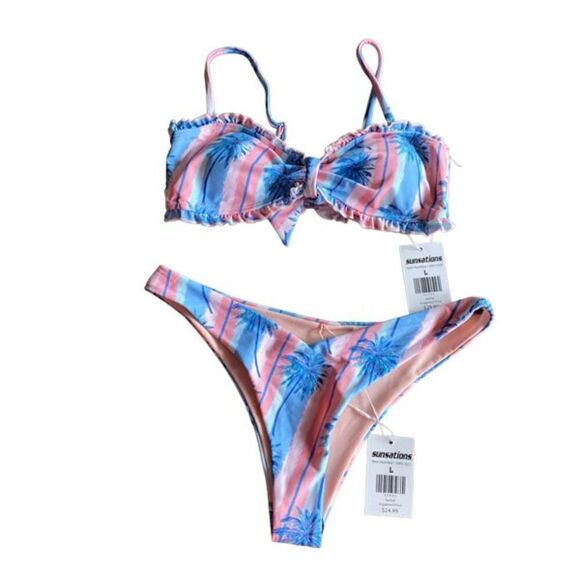 Sunsations Blue & Pink Palm Tree Bikini sz Large - Picture 1 of 6